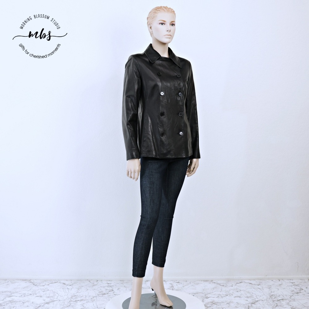 Elie Tahari Genuine Leather Career Chic Double Breasted Pea Coat Black Women M